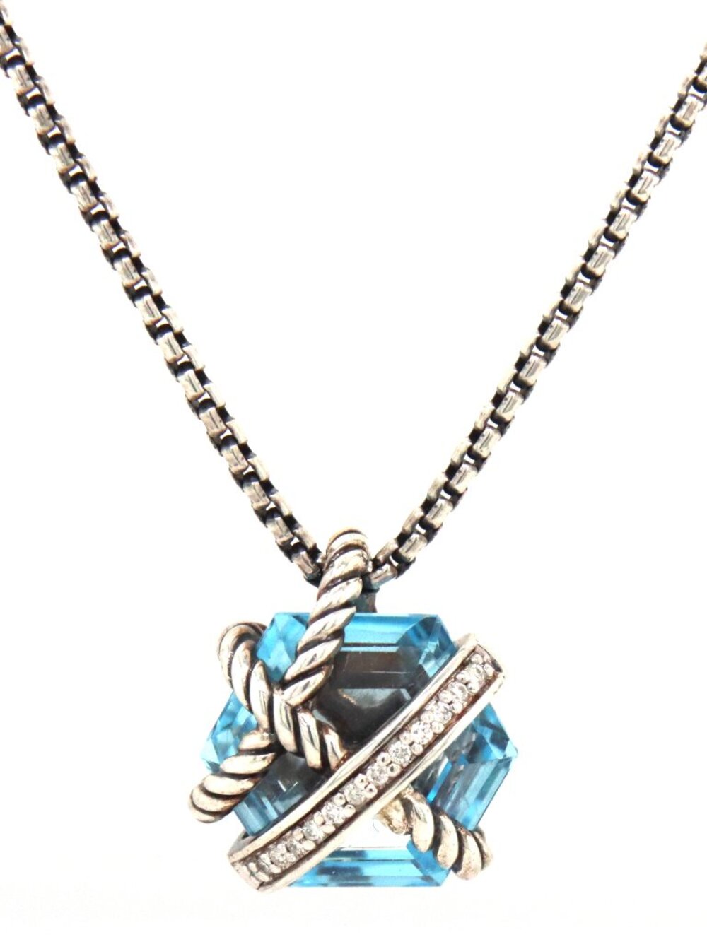 David Yurman cable wraps blue topaz and diamond pendant on adjustable chain